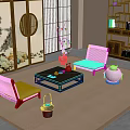 Traditional Japanese Tea Table and Chairs with Landscape Screen and Black Lanterns