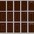 Display of Various Brown Wooden Wardrobe Doors with Golden Accent Designs