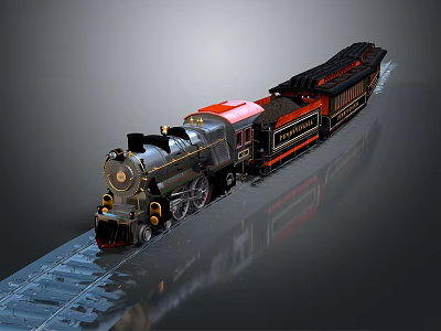 Vintage Steam Locomotive With Black Red Engine Coal Car And Railway Track 3d model