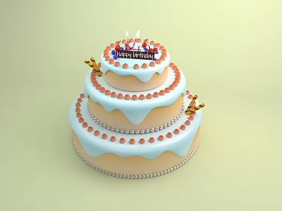Three Tiered Birthday Cake With Happy Birthday Text Candles And Light Blue Frosting 3d model