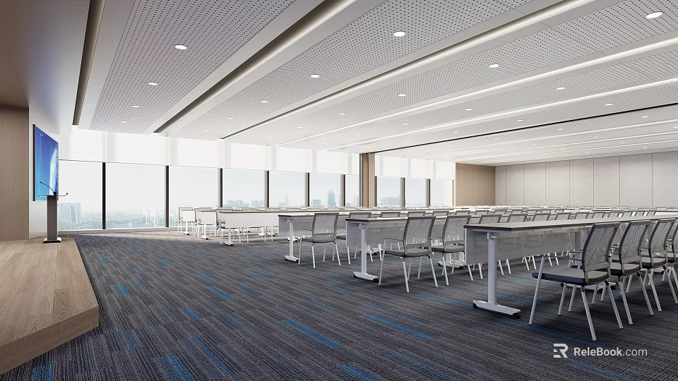 Modern Conference Room Interior With Large Windows Arranged Tables And Blue Carpet 3d model 