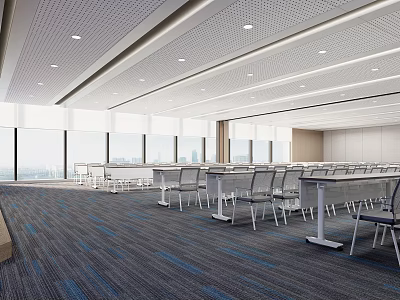 Modern Conference Room Interior With Large Windows Arranged Tables And Blue Carpet 3d model