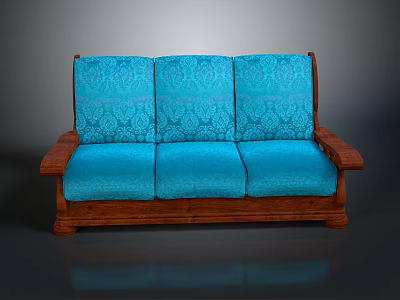 Three Seat Blue Sofa With Patterned Cushions Wooden Armrests And Base 3d model