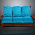 Three Seat Blue Sofa With Patterned Cushions Wooden Armrests And Base