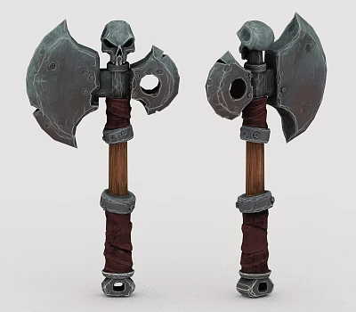 Two Axes With Skull Decoration Metal Blades Wooden Handles Brown Leather Wrapping And Metal Rings 3d model