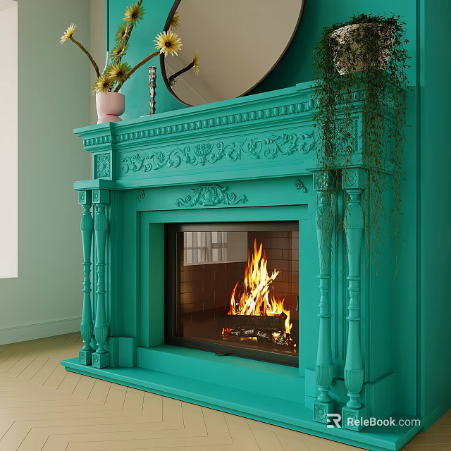 Turquoise Fireplace With Ornate Carvings Burning Flames And Potted Plants Above Mirror 3d model 