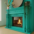 Turquoise Fireplace With Ornate Carvings Burning Flames And Potted Plants Above Mirror