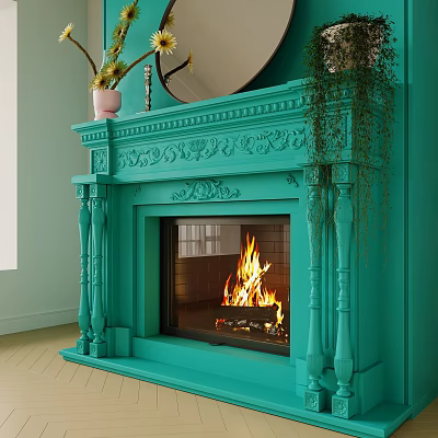 Turquoise Fireplace With Ornate Carvings Burning Flames And Potted Plants Above Mirror 3d model