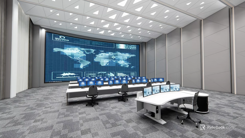 Modern High Tech Office Equipped With Large World Map Display And Multiple Computer Workstations 3d model 