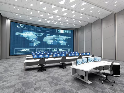 Modern High Tech Office Equipped With Large World Map Display And Multiple Computer Workstations 3d model