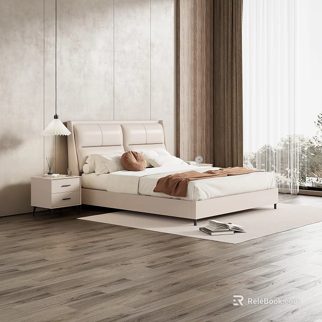 Double Bed With Beige Leather Headboard White Bed Sheets Side Table Lamp And Wooden Floor 3d model 