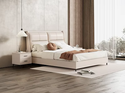 Double Bed With Beige Leather Headboard White Bed Sheets Side Table Lamp And Wooden Floor 3d model