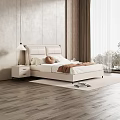 Double Bed With Beige Leather Headboard White Bed Sheets Side Table Lamp And Wooden Floor