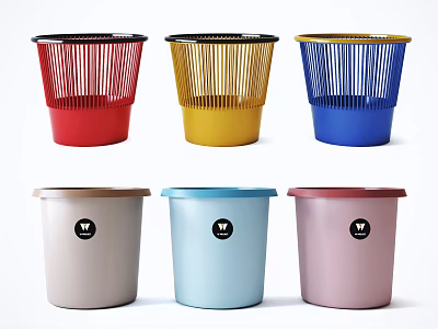 Public Facility Trash Bins In Various Colors With Striped And Solid Designs 3d model