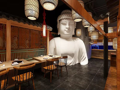 Traditional Asian Restaurant Interior With Large Buddha Statue Wooden Tables And Hanging Lanterns 3d model