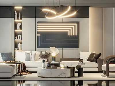 Modern Elegant Living Room Sofa Coffee Table Set With Marble Top Circular Lighting And Artwork 3d model