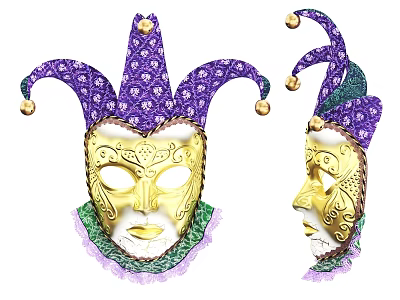 Purple And Gold Jester Masks With Green Trim Decorative Patterns And Bells 3d model