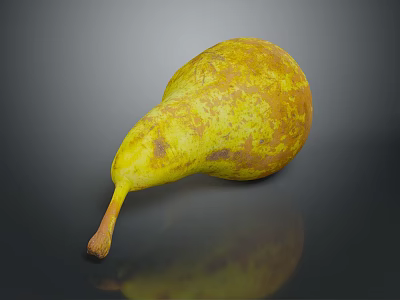 Ripe Yellowish Green Pear with Brown Spots on Dark Surface Showing Natural Texture and Reflection 3d model