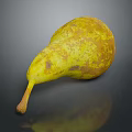 Ripe Yellowish Green Pear with Brown Spots on Dark Surface Showing Natural Texture and Reflection