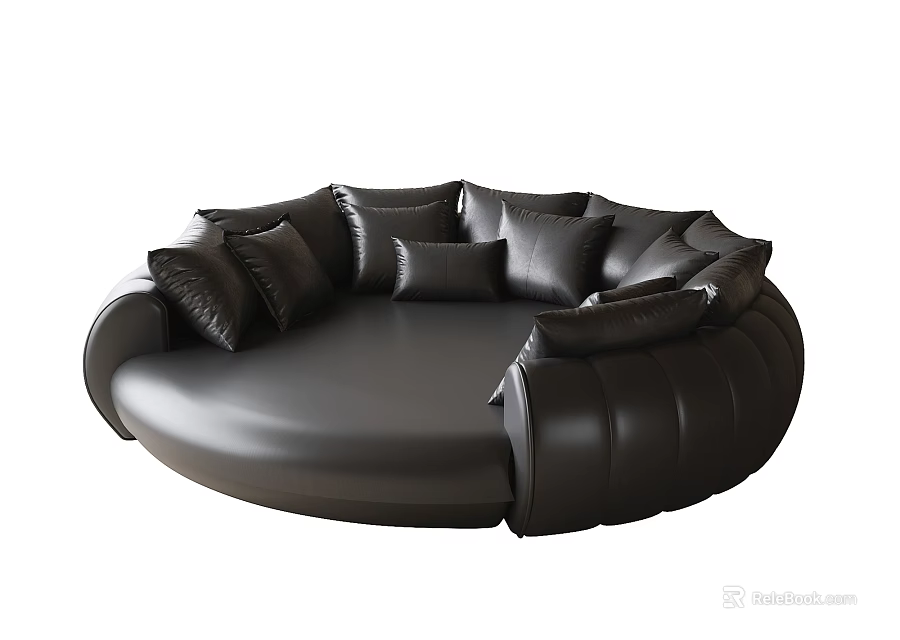 Black Round Sectional Sofa with Plush Pillows Leather Upholstery Modern Design 3d model 