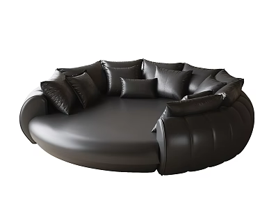 Black Round Sectional Sofa with Plush Pillows Leather Upholstery Modern Design 3d model