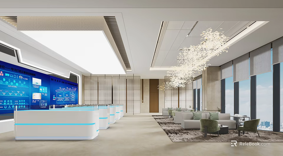 Modern Spacious Sales Office Interior With Reception Desk Chandelier And Sofa Area 3d model 