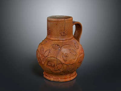 Artisanal Carved Terracotta Pitcher With Intricate Floral Patterns And Handle 3d model