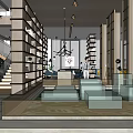 Elegant Sales Office Interior with Luxury Chandelier Reception Desk and Marble Floor Display Shelves