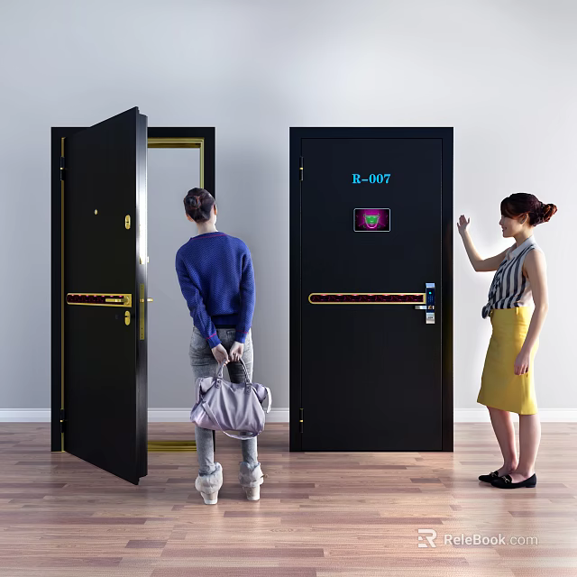 Black Security Door With Gold Frame Electronic Lock And Digital Screen Design 3d model 