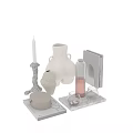 Decorative Ornament Set With White Vases Textured Decor Glass Holders And Marble Tray