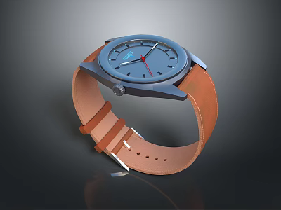 Simple Modern Daily Use Wristwatch with Blue Dial and Brown Leather Strap 3d model