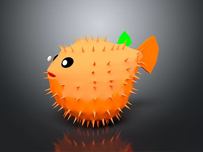 Cartoon Style Orange Puffer Fish With Spikes Green Fin And Black Eyes 3d model