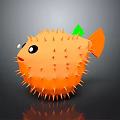 Cartoon Style Orange Puffer Fish With Spikes Green Fin And Black Eyes