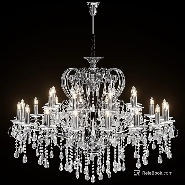 Elegant Crystal Chandelier With Illuminated Bulbs Silver Frame And Hanging Crystals 3d model 