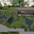 Tranquil Courtyard Garden With Lush Trees Pond Rocks Green Lawn And Metal Chairs