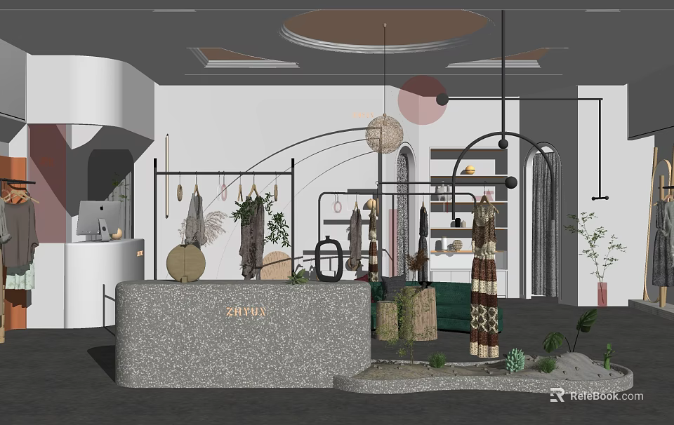 Modern Clothing Store Interior With Curved Design Clothing Racks Hanging Lights And Plants 3d model 
