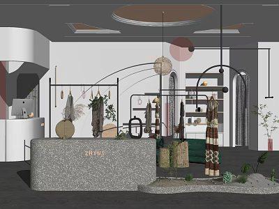 Modern Clothing Store Interior With Curved Design Clothing Racks Hanging Lights And Plants 3d model