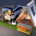 Cozy Glamping Setup With White Tent String Lights Vehicle Kiosk Green Plants And Evening Sky