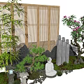 Karesansui Zen Garden With Stone Lantern Buddha Statue Bamboo Moss And Wooden Screen