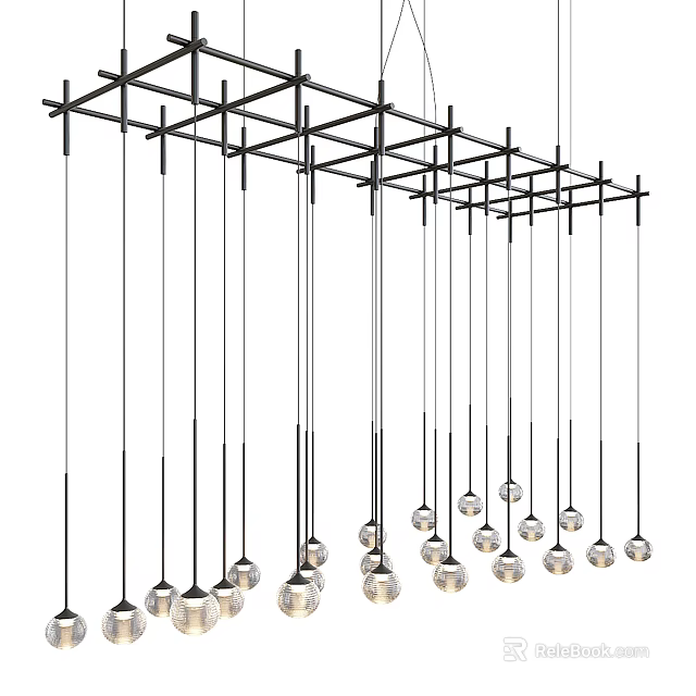 Modern Chandelier With Black Metal Grid Frame And Hanging Glass Spheres 3d model 