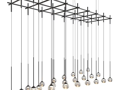 Modern Chandelier With Black Metal Grid Frame And Hanging Glass Spheres 3d model