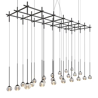 Modern Chandelier With Black Metal Grid Frame And Hanging Glass Spheres 3d model
