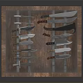 Wooden Display Case Furniture With Various Knives Neatly Arranged In Wooden Frame