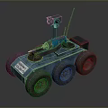 Blue Robotic Vehicle With Four Wheels Camera Antenna And Mechanical Arm
