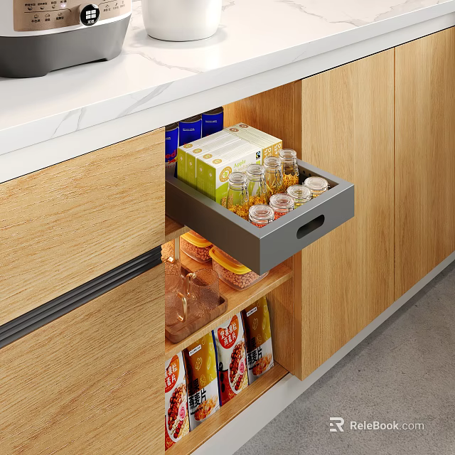 Practical Kitchen Cabinets With Drawer Storage Holding Cereal Boxes Jars And Snacks 3d model 