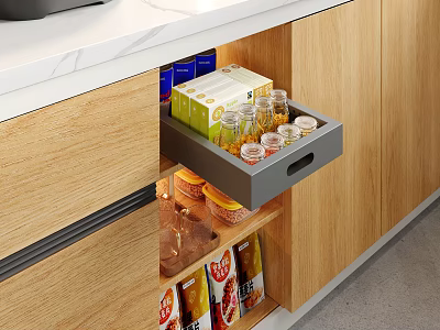 Practical Kitchen Cabinets With Drawer Storage Holding Cereal Boxes Jars And Snacks 3d model