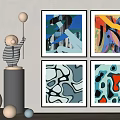 Abstract Paintings In Black Frames Hanging On Wall With Decorative Sphere Ornaments 3d model