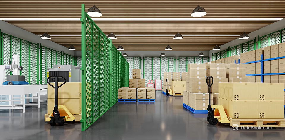 Industrial Warehouse Interior with Green Metal Fences Stacked Cartons and Forklifts 3d model 
