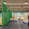 Industrial Warehouse Interior with Green Metal Fences Stacked Cartons and Forklifts