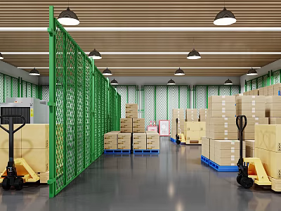 Industrial Warehouse Interior with Green Metal Fences Stacked Cartons and Forklifts 3d model